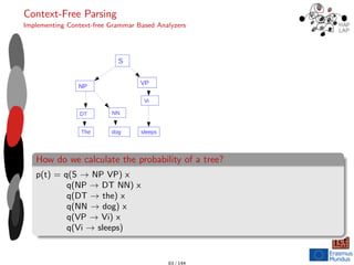Context-Free Parsing
Implementing Context-free Grammar Based Analyzers
S
NP
VP
Vi
NN
The
DT
sleeps
dog
How do we calculate the probability of a tree?
p(t) = q(S → NP VP) x
q(NP → DT NN) x
q(DT → the) x
q(NN → dog) x
q(VP → Vi) x
q(Vi → sleeps)
83 / 144
 