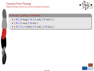 Context-Free Parsing
Implementing Context-free Grammar Based Analyzers
Exercise I, giving a treebank:
( N ( A long) ( N ( A red) ( N hair) ) )
( N ( A nice) ( N tie) )
( N ( A ( A dark) ( A red) ) ( N hair) )
89 / 144
 