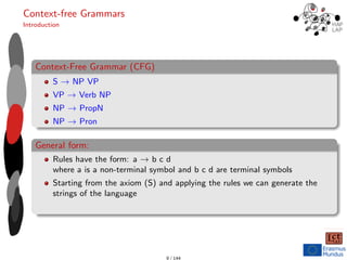 Context-free Grammars
Introduction
Context-Free Grammar (CFG)
S → NP VP
VP → Verb NP
NP → PropN
NP → Pron
General form:
Rules have the form: a → b c d
where a is a non-terminal symbol and b c d are terminal symbols
Starting from the axiom (S) and applying the rules we can generate the
strings of the language
9 / 144
 