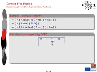 Context-Free Parsing
Implementing Context-free Grammar Based Analyzers
Exercise I, giving a treebank:
( N ( A long) ( N ( A red) ( N hair) ) )
( N ( A nice) ( N tie) )
( N ( A ( A dark) ( A red) ) ( N hair) )
Calculate its corresponding PCFG:
N → A N
hair
tie
90 / 144
 