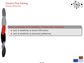 Context-Free Parsing
Grammar Refinement
Some weaknesses of Probabilistic Context-free Grammars
Lack of sensitivity to lexical information
Lack of sensitivity to structural preferences
97 / 144
 