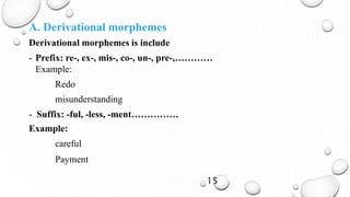 A. Derivational morphemes
Derivational morphemes is include
- Prefix: re-, ex-, mis-, co-, un-, pre-,…………
Example:
Redo
misunderstanding
- Suffix: -ful, -less, -ment……………
Example:
careful
Payment
15
 