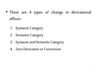 • There are 4 types of change in derivational
affixes:
1. SyntacticCategory
2. SemanticCategory
3. Syntacticand SemanticCategory
4. Zero Derivationor Conversion
5
 
