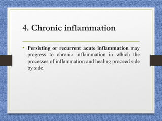 4. Chronic inflammation
• Persisting or recurrent acute inflammation may
progress to chronic inflammation in which the
processes of inflammation and healing proceed side
by side.
 