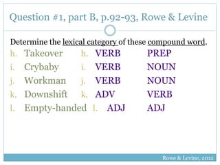 Question #1, part B, p.92-93, Rowe & Levine 
Determine the lexical category of these compound word. 
h. VERB PREP 
i. VERB...