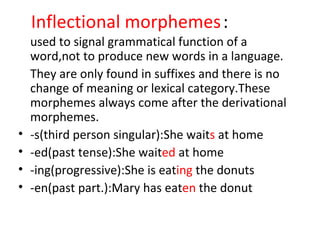 Inflectional morphemes : used to signal grammatical function of a word,not to produce new words in a language. They are only found in suffixes and there is no change of meaning or lexical category.These morphemes always come after the derivational morphemes. -s(third person singular):She wait s  at home  -ed(past tense):She wait ed  at home -ing(progressive):She is eat ing  the donuts -en(past part.):Mary has eat en  the donut 