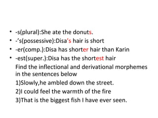 -s(plural):She ate the donut s . -’s(possessive):Disa ’s  hair is short -er(comp.):Disa has short er  hair than Karin -est(super.):Disa has the short est  hair Find the inflectional and derivational morphemes in the sentences below 1)Slowly,he ambled down the street. 2)I could feel the warmth of the fire 3)That is the biggest fish I have ever seen. 