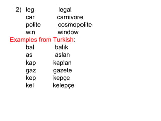 2)  leg  legal  car  carnivore polite  cosmopolite win  window Examples from Turkish : bal  balık as  aslan kap  kaplan gaz  gazete kep  kepçe kel  kelepçe 