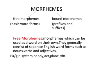 MORPHEMES free morphemes bound morphemes (basic word forms) (prefixes and suffixes) Free Morphemes :morphemes  which can be used as a word on their own.They generally consist of separate English word forms such as nouns,verbs and adjectives. EX/girl,system,happy,act,plane, etc .  
