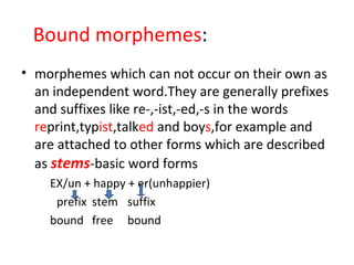 Bound morphemes :   morphemes which can not occur on their own as an independent word.They are generally prefixes and suffixes like re-,-ist,-ed,-s in the words  re print,typ ist ,talk ed  and boy s ,for example and are attached to other forms which are described as  stems -basic word forms EX/un + happy + er(unhappier) prefix stem suffix bound free bound 