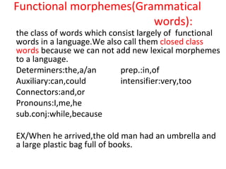 Functional morphemes(Grammatical  words): the class of words which consist largely of  functional words in a language.We also call them  closed class   words  because we can not add new lexical morphemes to a language. Determiners:the,a/an prep.:in,of Auxiliary:can,could intensifier:very,too Connectors:and,or Pronouns:I,me,he sub.conj:while,because EX/When he arrived,the old man had an umbrella and a large plastic bag full of books. 