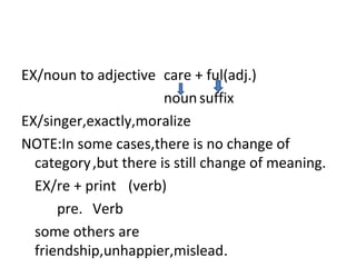 EX/noun to adjective care + ful(adj.) noun suffix EX/singer,exactly,moralize NOTE:In some cases,there is no change of category ,but there is still change of meaning. EX/re + print (verb) pre. Verb some others are friendship,unhappier,mislead . 
