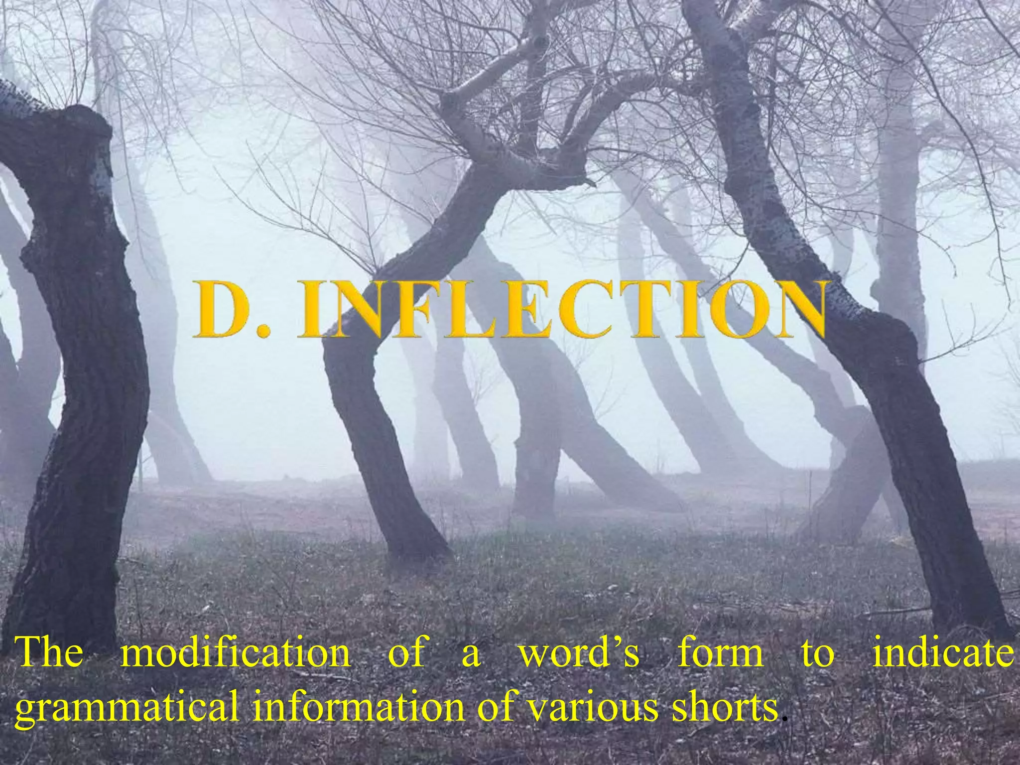 The modification of a word’s form to indicate
grammatical information of various shorts.
 