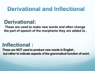 Derivational:
These are used to make new words and often change
the part of speech of the morpheme they are added to .
Inflectional :
These are NOT used toproduce new wordsinEnglish ,
but rather toindicate aspects of the grammatical function of word.
 