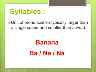 Syllables :
Unit of pronunciation typically larger than
a single sound and smaller than a word.
Banana
Ba / Na / Na
 