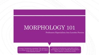 MORPHOLOGY 101
Professora Especialista Ana Lourdes Pereira
It means "introductory something". The allusion is
to a college course with the course code 101, which
in the American system
indicates an introductory course often with no
prerequisites. It means: (chiefly US, postpositive)
Basic, beginner, starting from scrath.
 