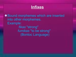 Infixes   Bound morphemes which are inserted   into other morphemes.  Example:               fikas  "strong"              fumikas  "to be strong"                 (Bontoc Language) 