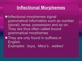 Inflectional Morphemes Inflectional morphemes signal grammatical information such as number (plural), tense, possession and so on. They are thus often called bound grammatical morphemes  They are only found in suffixes in  English.   Examples:   boys,  Mary’s , walked   