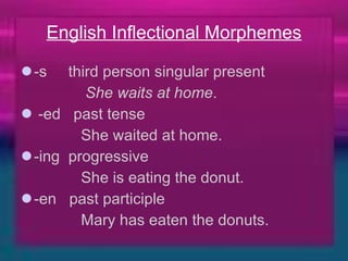 English Inflectional Morphemes -s     third person singular present               She waits at home .  -ed   past tense  She waited at home.  -ing  progressive                                       She is eating the donut. -en   past participle                                  Mary has eaten the donuts. 