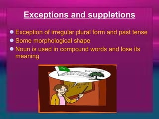 Exceptions and suppletions Exception of irregular plural form and past tense Some morphological shape Noun is used in compound words and lose its meaning 