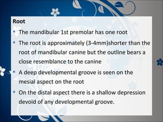 Root
 The mandibular 1st premolar has one root
 The root is approximately (3-4mm)shorter than the
root of mandibular canine but the outline bears a
close resemblance to the canine
 A deep developmental groove is seen on the
mesial aspect on the root
 On the distal aspect there is a shallow depression
devoid of any developmental groove.

 