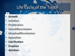 Life Cycle of the Tooth
•
•
•
•
•
•
•
•
•

Growth
Initiation
Proliferation
Histodifferentiation
Morphodifferentiation
Apposition
Calcification
Eruption
Attrition

 