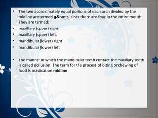 • The two approximately equal portions of each arch divided by the
midline are termed g&rants, since there are four in the entire mouth.
They are termed:
• maxillary (upper) right.
• maxillary (upper) left.
• mandibular (lower) right.
• mandibular (lower) left
• The manner in which the mandibular teeth contact the maxillary teeth
is called occlusion. The term for the process of biting or chewing of
food is mastication midline

 