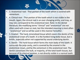 •

3. Anatomical root - That portion of the tooth which is covered with
cementum.
• 4. Clinical root - That portion of the tooth which is not visible in the
mouth. Again, the clinical root is an ever changing entity, and may, or
may not, correspond to the anatomical root. Note: In the dental
literature, the modifying terms "clinical" and "anatomical“ are not
often used with crown or root, but the intended meaning is most often
"anatomical" and so will be used in this manner hereafter.
• 5. Enamel - The hard, mineralized tissue which covers the dentin of the
anatomical crown of a tooth. It is the hardest living body tissue, but is
brittle, especially when not supported by sound underlying dentin.
• 6. Dentin - The hard tissue which forms the main body of the tooth. It
surrounds the pulp cavity, and is covered by the enamel in the
anatomical crown, and by the cementum in the anatomical root. The
dentin constitutes the bulk, or majority, of the total tooth tissues, but
because of its internal location, is not directly visible in a normal tooth.

 