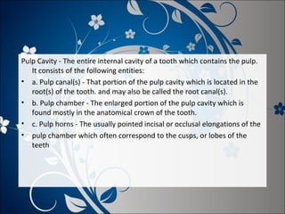 Pulp Cavity - The entire internal cavity of a tooth which contains the pulp.
It consists of the following entities:
• a. Pulp canal(s) - That portion of the pulp cavity which is located in the
root(s) of the tooth. and may also be called the root canal(s).
• b. Pulp chamber - The enlarged portion of the pulp cavity which is
found mostly in the anatomical crown of the tooth.
• c. Pulp horns - The usually pointed incisal or occlusal elongations of the
• pulp chamber which often correspond to the cusps, or lobes of the
teeth

 