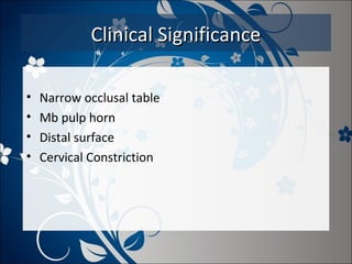 Clinical Significance
•
•
•
•

Narrow occlusal table
Mb pulp horn
Distal surface
Cervical Constriction

 