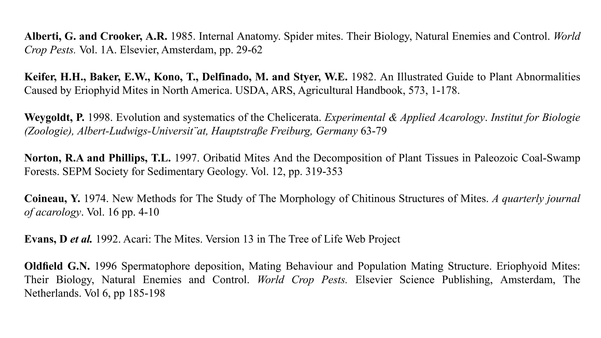 Alberti, G. and Crooker, A.R. 1985. Internal Anatomy. Spider mites. Their Biology, Natural Enemies and Control. World
Crop Pests. Vol. 1A. Elsevier, Amsterdam, pp. 29-62
Keifer, H.H., Baker, E.W., Kono, T., Delfinado, M. and Styer, W.E. 1982. An Illustrated Guide to Plant Abnormalities
Caused by Eriophyid Mites in North America. USDA, ARS, Agricultural Handbook, 573, 1-178.
Weygoldt, P. 1998. Evolution and systematics of the Chelicerata. Experimental & Applied Acarology. Institut for Biologie
(Zoologie), Albert-Ludwigs-Universit¨at, Hauptstraße Freiburg, Germany 63-79
Norton, R.A and Phillips, T.L. 1997. Oribatid Mites And the Decomposition of Plant Tissues in Paleozoic Coal-Swamp
Forests. SEPM Society for Sedimentary Geology. Vol. 12, pp. 319-353
Coineau, Y. 1974. New Methods for The Study of The Morphology of Chitinous Structures of Mites. A quarterly journal
of acarology. Vol. 16 pp. 4-10
Evans, D et al. 1992. Acari: The Mites. Version 13 in The Tree of Life Web Project
Oldﬁeld G.N. 1996 Spermatophore deposition, Mating Behaviour and Population Mating Structure. Eriophyoid Mites:
Their Biology, Natural Enemies and Control. World Crop Pests. Elsevier Science Publishing, Amsterdam, The
Netherlands. Vol 6, pp 185-198
 