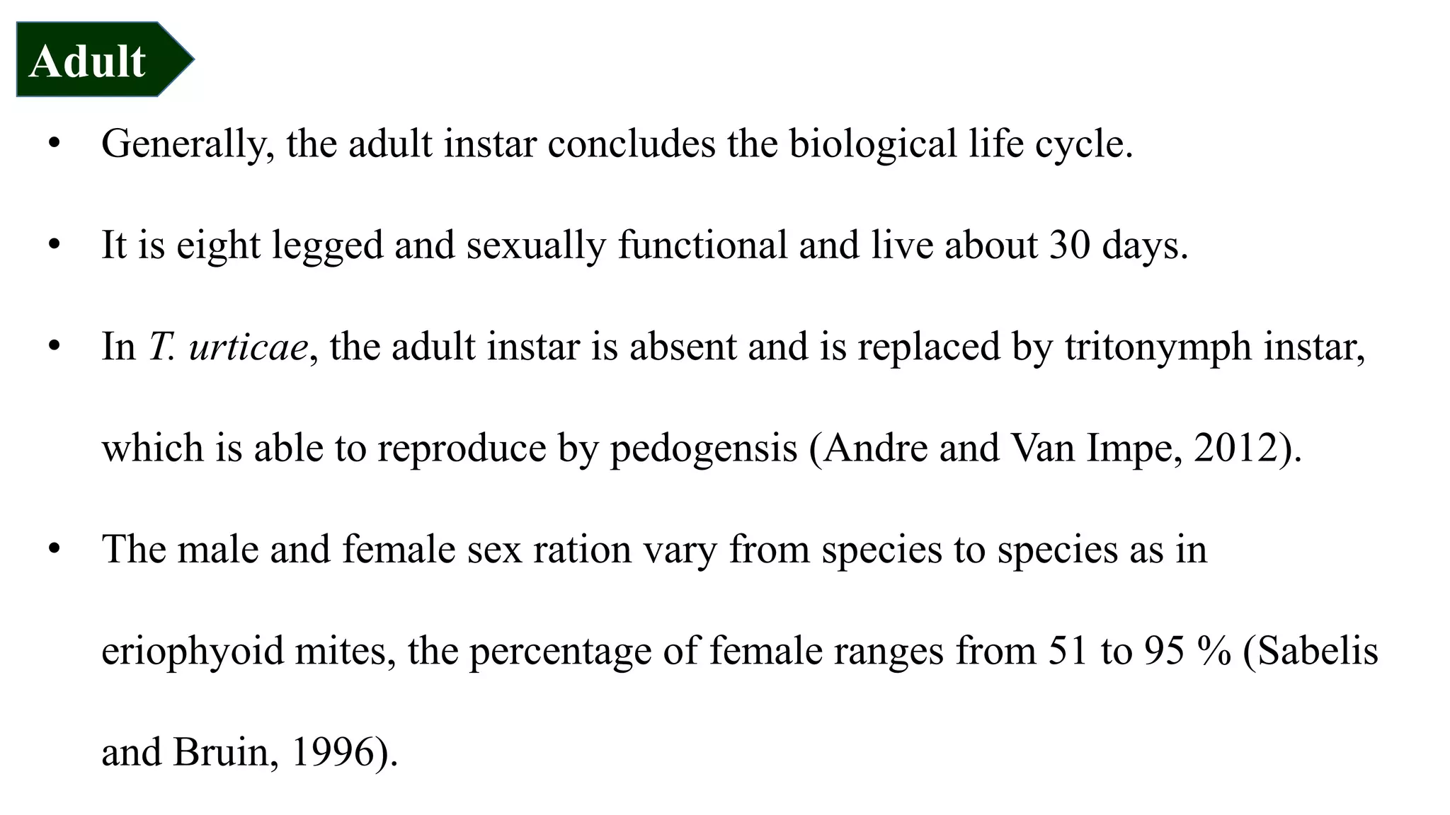 • Generally, the adult instar concludes the biological life cycle.
• It is eight legged and sexually functional and live about 30 days.
• In T. urticae, the adult instar is absent and is replaced by tritonymph instar,
which is able to reproduce by pedogensis (Andre and Van Impe, 2012).
• The male and female sex ration vary from species to species as in
eriophyoid mites, the percentage of female ranges from 51 to 95 % (Sabelis
and Bruin, 1996).
Adult
 