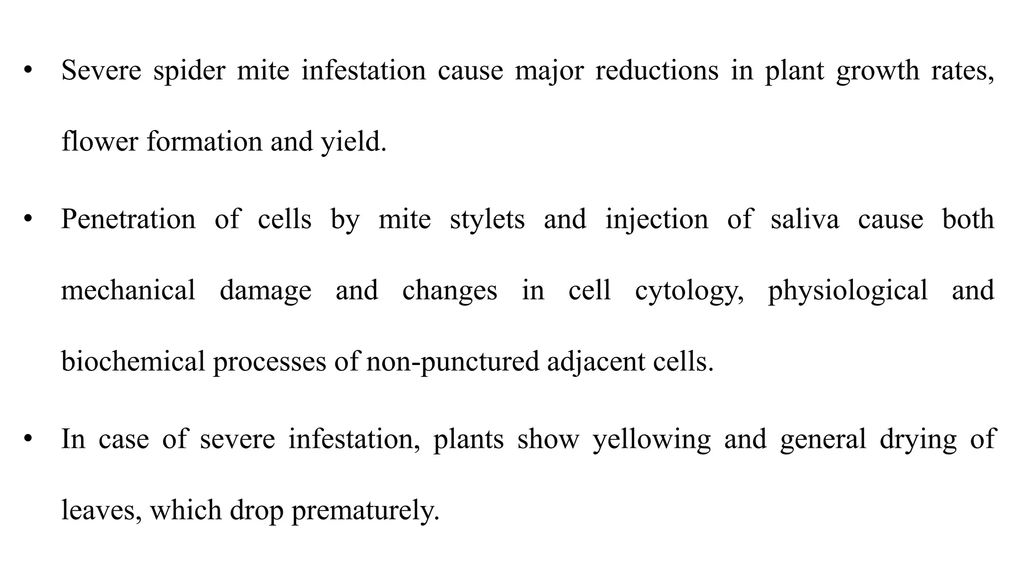 • Severe spider mite infestation cause major reductions in plant growth rates,
flower formation and yield.
• Penetration of cells by mite stylets and injection of saliva cause both
mechanical damage and changes in cell cytology, physiological and
biochemical processes of non-punctured adjacent cells.
• In case of severe infestation, plants show yellowing and general drying of
leaves, which drop prematurely.
 