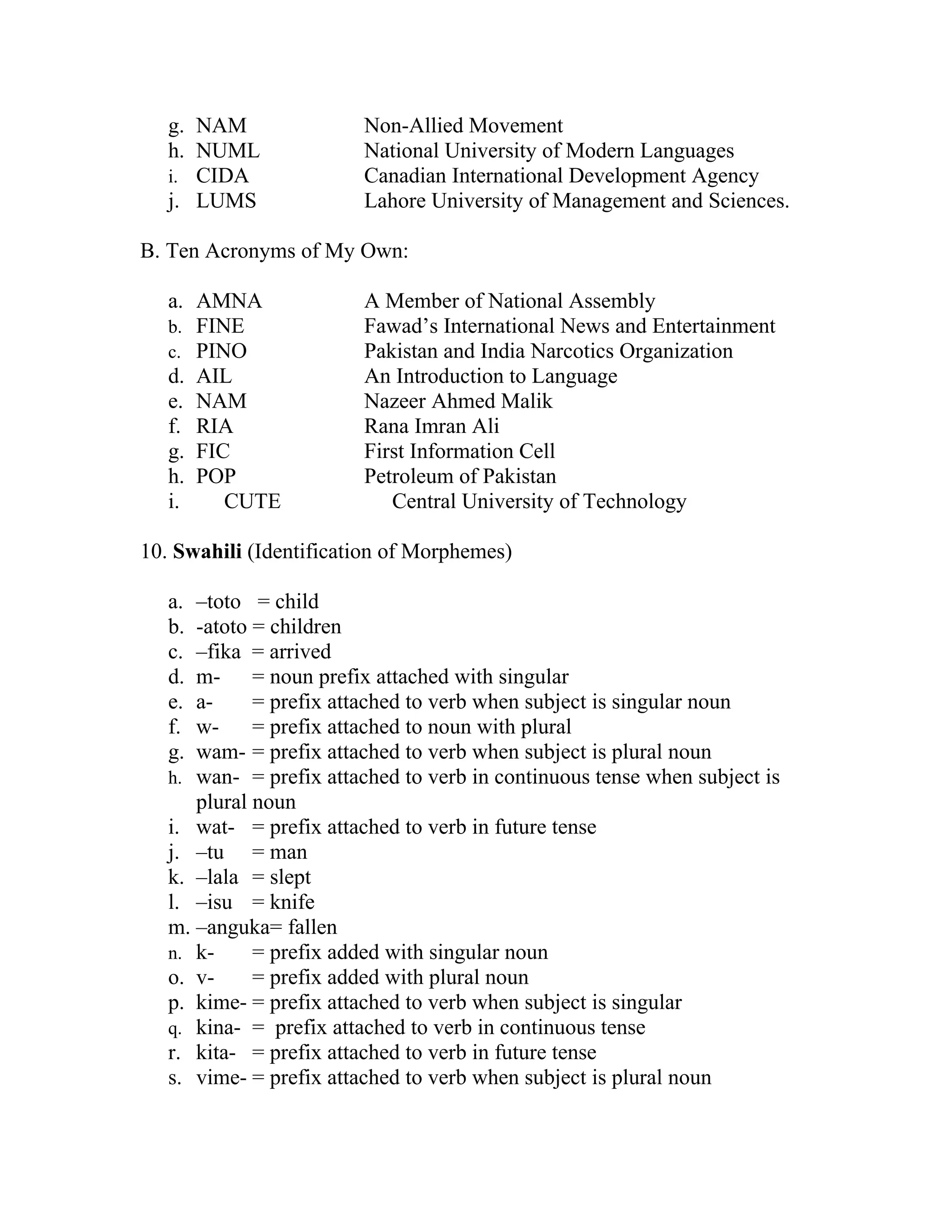 g. NAM                Non-Allied Movement
   h. NUML               National University of Modern Languages
   i. CIDA               Canadian International Development Agency
   j. LUMS               Lahore University of Management and Sciences.

B. Ten Acronyms of My Own:

   a. AMNA               A Member of National Assembly
   b. FINE               Fawad’s International News and Entertainment
   c. PINO               Pakistan and India Narcotics Organization
   d. AIL                An Introduction to Language
   e. NAM                Nazeer Ahmed Malik
   f. RIA                Rana Imran Ali
   g. FIC                First Information Cell
   h. POP                Petroleum of Pakistan
   i.    CUTE               Central University of Technology

10. Swahili (Identification of Morphemes)

   a. –toto = child
   b. -atoto = children
   c. –fika = arrived
   d. m- = noun prefix attached with singular
   e. a-     = prefix attached to verb when subject is singular noun
   f. w-     = prefix attached to noun with plural
   g. wam- = prefix attached to verb when subject is plural noun
   h. wan- = prefix attached to verb in continuous tense when subject is
      plural noun
   i. wat- = prefix attached to verb in future tense
   j. –tu = man
   k. –lala = slept
   l. –isu = knife
   m. –anguka= fallen
   n. k-     = prefix added with singular noun
   o. v-     = prefix added with plural noun
   p. kime- = prefix attached to verb when subject is singular
   q. kina- = prefix attached to verb in continuous tense
   r. kita- = prefix attached to verb in future tense
   s. vime- = prefix attached to verb when subject is plural noun
 