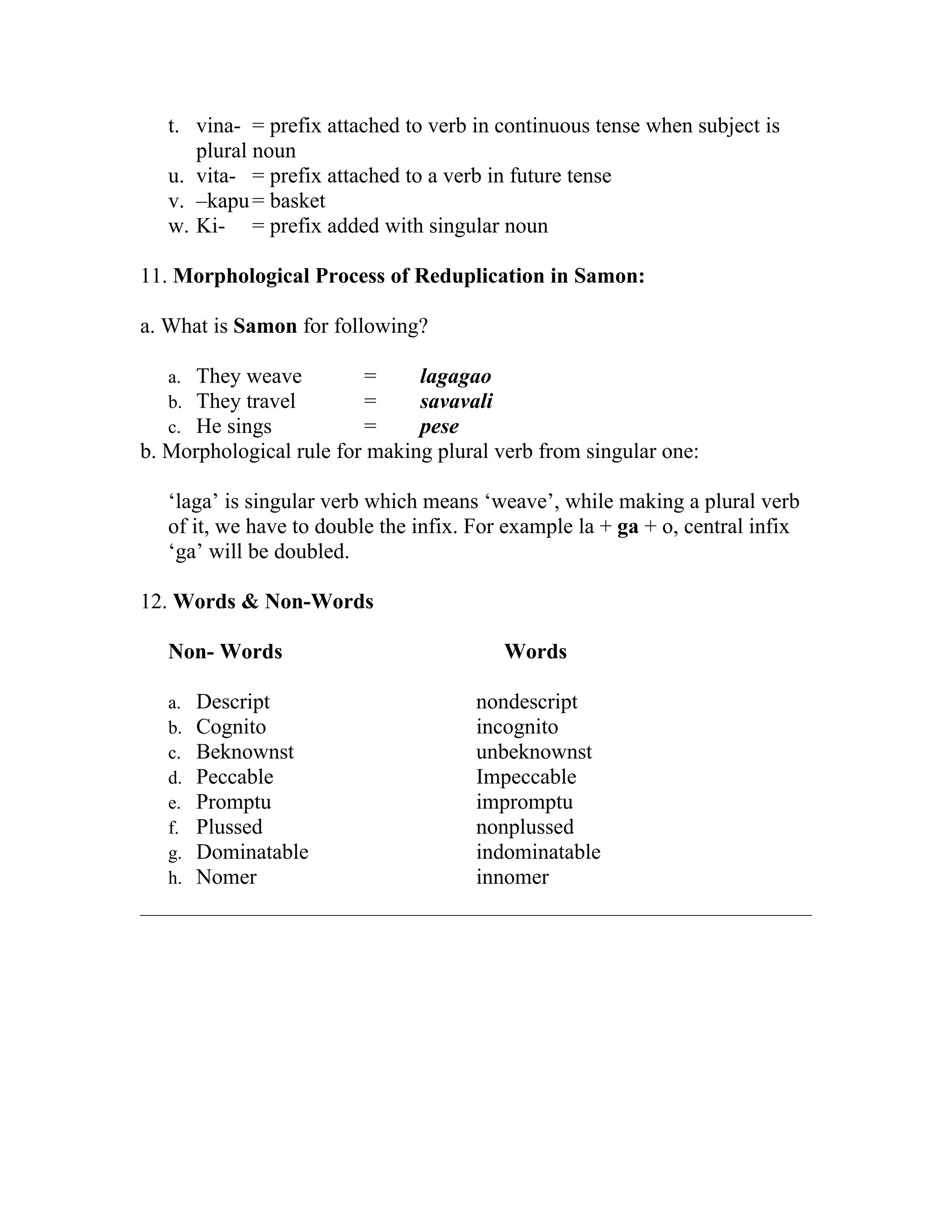 t. vina- = prefix attached to verb in continuous tense when subject is
      plural noun
   u. vita- = prefix attached to a verb in future tense
   v. –kapu = basket
   w. Ki- = prefix added with singular noun

11. Morphological Process of Reduplication in Samon:

a. What is Samon for following?

   a. They weave         =     lagagao
   b. They travel        =     savavali
   c. He sings           =     pese
b. Morphological rule for making plural verb from singular one:

   ‘laga’ is singular verb which means ‘weave’, while making a plural verb
   of it, we have to double the infix. For example la + ga + o, central infix
   ‘ga’ will be doubled.

12. Words & Non-Words

   Non- Words                             Words

   a.   Descript                       nondescript
   b.   Cognito                        incognito
   c.   Beknownst                      unbeknownst
   d.   Peccable                       Impeccable
   e.   Promptu                        impromptu
   f.   Plussed                        nonplussed
   g.   Dominatable                    indominatable
   h.   Nomer                          innomer
 