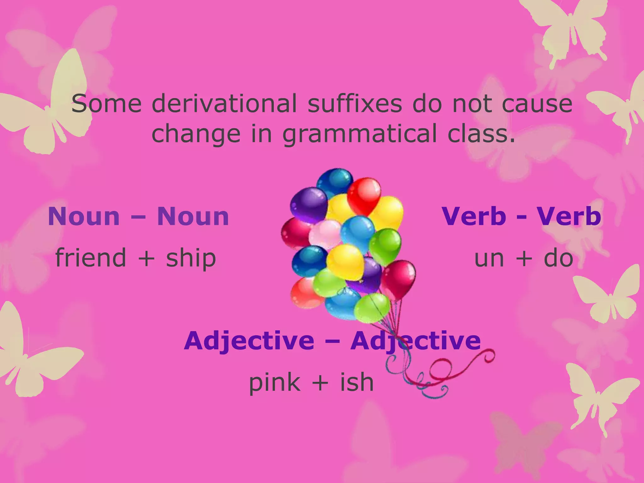 Some derivational suffixes do not cause
change in grammatical class.
Noun – Noun Verb - Verb
friend + ship un + do
Adjective – Adjective
pink + ish
 