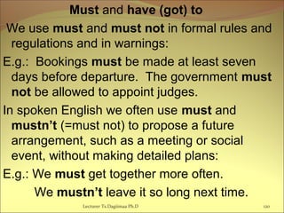 Must and have (got) to
We use must and must not in formal rules and
regulations and in warnings:
E.g.: Bookings must be made at least seven
days before departure. The government must
not be allowed to appoint judges.
In spoken English we often use must and
mustn’t (=must not) to propose a future
arrangement, such as a meeting or social
event, without making detailed plans:
E.g.: We must get together more often.
We mustn’t leave it so long next time.
Lecturer Ts.Dagiimaa Ph.D 120
 
