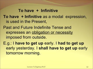 To have + Infinitive
To have + Infinitive as a modal expression,
is used in the Present,
Past and Future Indefinite Tense and
expresses an obligation or necessity
imposed from outside.
E.g.: I have to get up early. I had to get up
early yesterday. I shall have to get up early
tomorrow morning.
130Lecturer Ts.Dagiimaa Ph.D
 