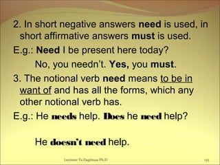 2. In short negative answers need is used, in
short affirmative answers must is used.
E.g.: Need I be present here today?
No, you needn’t. Yes, you must.
3. The notional verb need means to be in
want of and has all the forms, which any
other notional verb has.
E.g.: He needs help. Does he need help?
He doesn’t need help.
135Lecturer Ts.Dagiimaa Ph.D
 