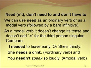 Need (n’t), don’t need to and don’t have to
We can use need as an ordinary verb or as a
modal verb (followed by a bare infinitive).
As a modal verb it doesn’t change its tense and
doesn’t add ‘-s’ for the third person singular.
Compare:
I needed to leave early. Or She’s thirsty.
She needs a drink. (=ordinary verb) and
You needn’t speak so loudly. (=modal verb)
Lecturer Ts.Dagiimaa Ph.D 136
 