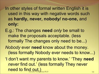 In other styles of formal written English it is
used in this way with negative words such
as hardly, never, nobody/ no-one, and
only:
E.g.: The changes need only be small to
make the proposals acceptable. (less
formally The changes only need to be...)
Nobody ever need know about the money.
(less formally Nobody ever needs to know...)
‘I don’t want my parents to know.’ ‘They need
never find out.’ (less formally They never
need to find out.)Lecturer Ts.Dagiimaa Ph.D 139
 