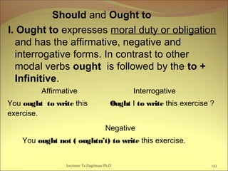 Should and Ought to
I. Ought to expresses moral duty or obligation
and has the affirmative, negative and
interrogative forms. In contrast to other
modal verbs ought is followed by the to +
Infinitive.
143Lecturer Ts.Dagiimaa Ph.D
Affirmative Interrogative
You ought to write this
exercise.
Ought I to write this exercise ?
Negative
You ought not ( oughtn’t) to write this exercise.
 