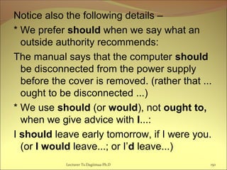 Notice also the following details –
* We prefer should when we say what an
outside authority recommends:
The manual says that the computer should
be disconnected from the power supply
before the cover is removed. (rather that ...
ought to be disconnected ...)
* We use should (or would), not ought to,
when we give advice with I...:
I should leave early tomorrow, if I were you.
(or I would leave...; or I’d leave...)
Lecturer Ts.Dagiimaa Ph.D 150
 