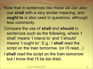 Note that in sentences like these we can also
use shall with a very similar meaning, and
ought to is also used in questions, although
less commonly.
Compare the use of shall and should in
sentences such as the following, where ‘I
shall’ means ‘I intend to’ and ‘I should’
means ‘I ought to’: E.g.: I shall read the
script on the train tomorrow. (or I’ll read...)
I shall read the script on the train tomorrow
but I know that I’ll be too tired.
Lecturer Ts.Dagiimaa Ph.D 154
 