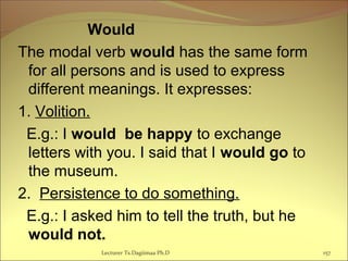   Would
The modal verb would has the same form
for all persons and is used to express
different meanings. It expresses:
1. Volition.
E.g.: I would be happy to exchange
letters with you. I said that I would go to
the museum.
2. Persistence to do something.
E.g.: I asked him to tell the truth, but he
would not.
157Lecturer Ts.Dagiimaa Ph.D
 