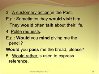 3. A customary action in the Past.
E.g.: Sometimes they would visit him.
They would often talk about their life.
4. Polite requests.
E.g.: Would you mind giving me the
pencil?
Would you pass me the bread, please?
5. Would rather is used to express
reference.
Lecturer Ts.Dagiimaa Ph.D 158
 