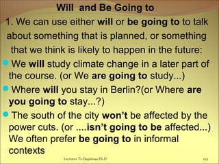 Will and Be Going to
1. We can use either will or be going to to talk
about something that is planned, or something
that we think is likely to happen in the future:
We will study climate change in a later part of
the course. (or We are going to study...)
Where will you stay in Berlin?(or Where are
you going to stay...?)
The south of the city won’t be affected by the
power cuts. (or ....isn’t going to be affected...)
We often prefer be going to in informal
contexts
Lecturer Ts.Dagiimaa Ph.D 235
 
