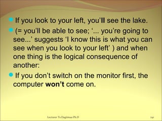 If you look to your left, you’ll see the lake.
(= you’ll be able to see; ‘... you’re going to
see...’ suggests ‘I know this is what you can
see when you look to your left’ ) and when
one thing is the logical consequence of
another:
If you don’t switch on the monitor first, the
computer won’t come on.
Lecturer Ts.Dagiimaa Ph.D 241
 
