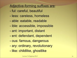 Adjective-forming suffixes are:
- ful: careful, beautiful
- less: careless, homeless
- able: eatable, readable
- ible: accessible, impossible
- ant: important, distant
- ent: defendant, dependent
- ous: famous, dangerous
- ary: ordinary, revolutionary
- like: childlike, ghostlike
Lecturer Ts.Dagiimaa Ph.D 25
 