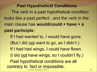 Past Hypothetical Conditions
The verb in a past hypothetical condition
looks like a past perfect , and the verb in the
main clause has would/could + have + a
past participle:
If I had wanted to, I would have gone.
(But I did not want to go, so I didn’t.)
If I had had wings, I could have flown.
(I did not have wings, so I couldn’t fly.)
Past hypothetical conditions are all
contrary to fact or impossible.
Lecturer Ts.Dagiimaa Ph.D 308
 